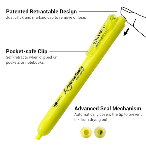 WRITECH Retractable Highlighters Chisel Tip: Fluorescent Yellow Ink Highlighter Marker Pens No Bleed & Smear Pack for Home School Office (12ct Yellow) - Thumbnail 3