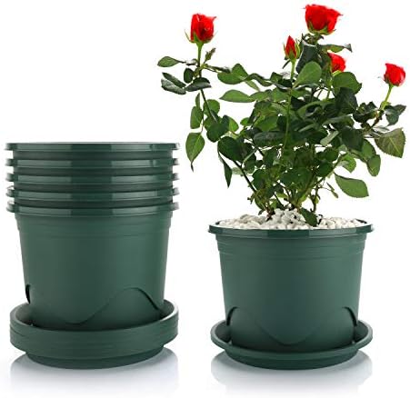 T4U 16CM Plastic Plant Pot with Saucer Set of 6, Root-Control Nursery Seedling Planter Decorative Garden Flower Pot Container Green for Indoor Outdoor Bonsai Plants, Aloe, Herb, Orchid and More