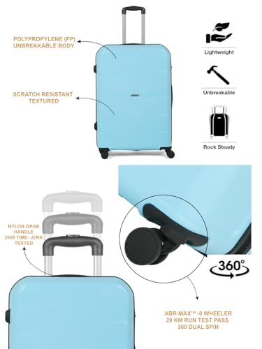 Image of Teakwood Small-Medium-Large Size 8 Wheels Trolley Bag, Hard Cabin with Zipper Closure, Adjustable Push Button & TSA Lock System 360 Degree (Set of 3, Sky Blue)