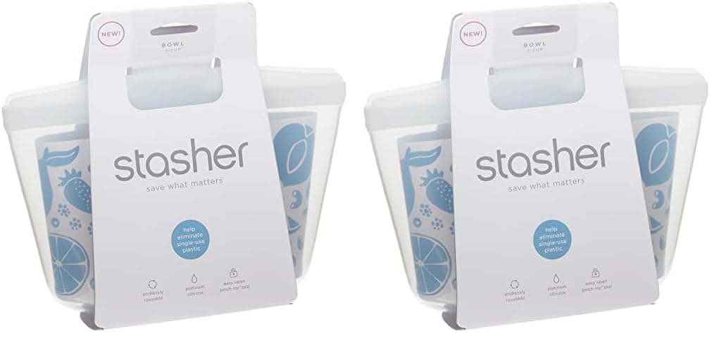 Stasher Reusable Silicone Storage Bag, Food Storage Container, Microwave and Dishwasher Safe, Leak-free, 2 Cup Bowl, Clear (Pack of 2)