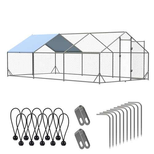 Large Metal Chicken Run Walk-in Poultry Cage Spire-Shaped Chicken Coop with Waterproof and Anti-Ultraviolet Cover for Outside,Backyard and Farm,19.6' L x 9.8' W x 6.4' H