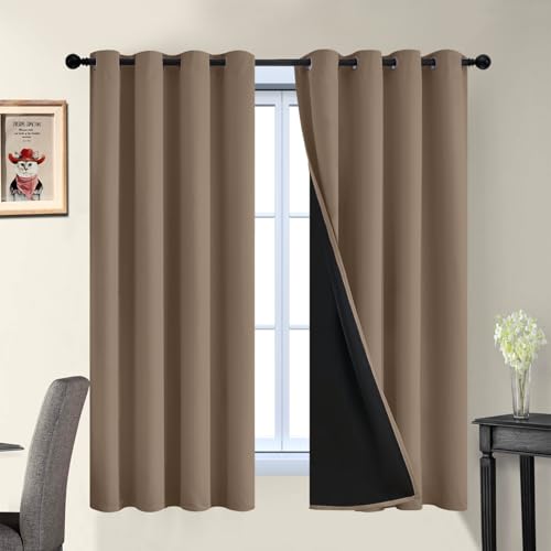 Image of Yakamok Khaki Blackout Curtains 63 Inches Long for Bedroom 52 inch Wide 2 Panel | Blackout Curtain Panels for Bedroom, 2 Thick Layers Grommet Top Thermal Insulated Drapes with Black Liner for Living Room