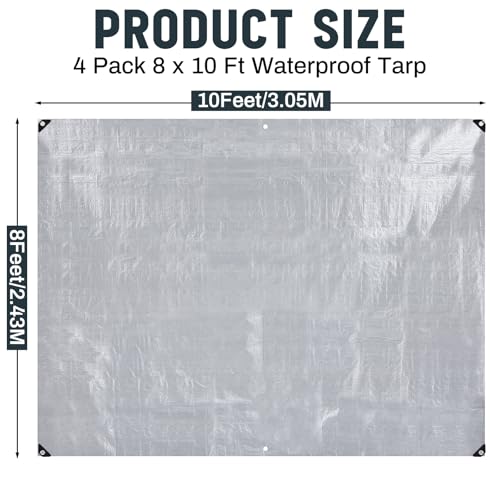 Image of 4 Pack Silver Tarps 8 x 10 ft, 5.5 Mil Waterproof Reflective Tarp, UV Resistant Sun Shade Tarps, Heavy Duty Roof Tarp for Roof Protection, Boat Cover, RV Cover, Cars, Patio Furniture, Camping