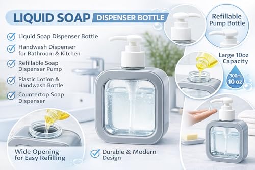 Image of Liquid Soap Dispenser | Refillable Pump Bottle for Hand Wash, Dish Wash, Shampoo, Conditioner, Shower Gel | Bathroom & Kitchen Use | Transparent Plastic | 300ml