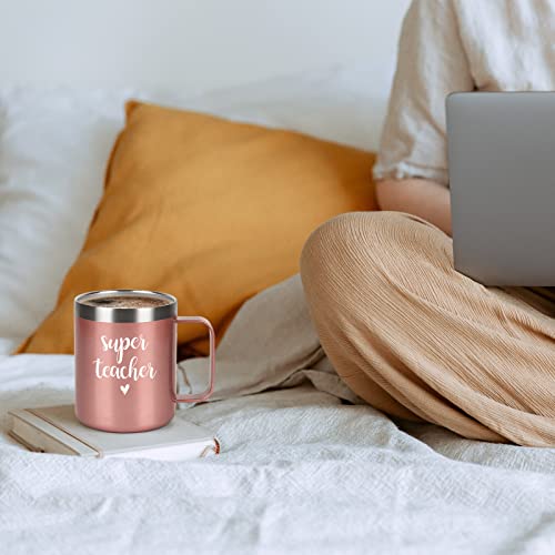 Super Teacher Insulated Coffee Mug With Handle, Christmas Birthday Appreciation Teacher’s Day Thank You Gifts For Teacher Tutor Professor Women, 12Oz Stainless Steel Travel Mug Tumbler Cup, Rose Gold #TOP7