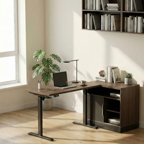 ModernMate Electric Standing Desk with Storage Cabinet, Adjustable Height Executive Desk with Credenza, Home Office Workstation with A Engineered Wood 1.18" Solid Desktop, Black Walnut