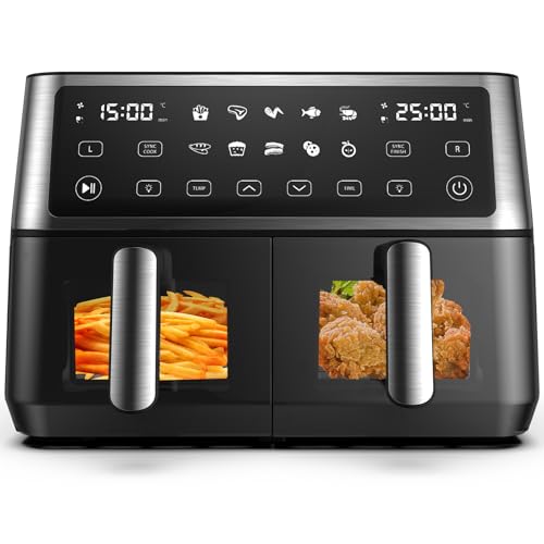 Heißluftfritteuse 2 Kammern mit Sichtfenster,10L Dual Zone XXL Airfryer,10-in-1 Voreingestellten