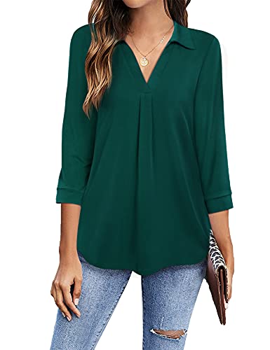 Timeson Women's Work Blouses,Women Tunic Tops for Leggings 3/4 Sleeve Business Casual Dress Shirts Junior Fashion No Iron Office Tops Plus Size Flowy Linen Ladies Chaus Pheasant V Neck