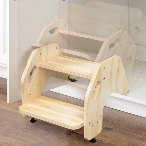 Image of Hidden Toddler Step Stool, Height-Adjustable Kids 2-Step Stools, Wooden Step Stool for Toddlers for Bathroom Sink & Kitchen, Bathroom