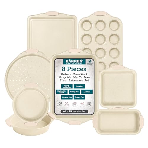 Deluxe 8-Piece Carbon Steel Bakeware Set – Nonstick White Marble Coating, Silicone Handles – Professional Quality Kitchen Oven Baking Pans