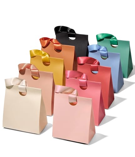 Vitalizart Paper Gift Bags With Ribbon Handles Set of 10 Assorted Colors Bulk Reusable For Gift Wrap Girls Kids Birthday Bridal Shower Party Favors Goodie Bags Candy Christmas 5.91x3.54x7.28 Small Size