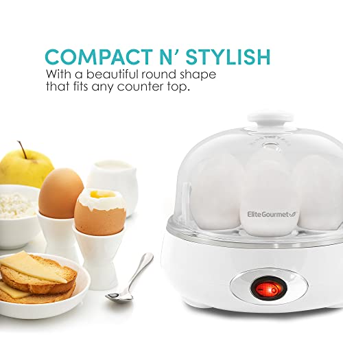 Elite Gourmet EGC007CHW Easy Electric 7 Egg Capacity Cooker, Poacher, Omelet Maker, Scrambled, Soft, Medium, Hard Boiled with Auto Shut-Off and Buzzer, BPA Free, Classic White