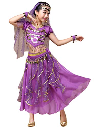 Ketamyy Ragazze Primavera E Estate Danza del Ventre Gonna per Bambini Danza Indiana Abiti in Due Pezzi con Accessori Viola S