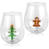 Remerry 2 Pcs 12oz Christmas Icon Juice Glasses Christmas Stemless Wine Glasses with 3D Gingerbread Man Xmas Tree Figurine Inside Cup Tumbler Drinkware for Drinking Cocktail Holiday Party Supplies