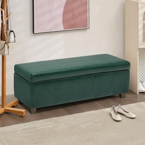 Image of 51 Inch Storage Ottoman, Storage Bench with Safety Hinge, Upholstered Synthetic Leather Ottoman Bench for Bedroom, Living Room, Entryway, Hallway, Foot Rest, Support 500lbs
