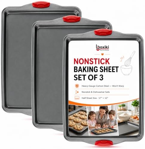 Premium Nonstick Baking Sheet Pans &ndash; Set of 3, Heavy-Gauge Carbon...