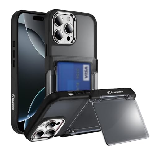 Image of KARWAN Shockproof Translucent Cardholder Back Case Cover Compatible with iPhone 15 Pro Hybrid with Strong Minimalist Design (Black)