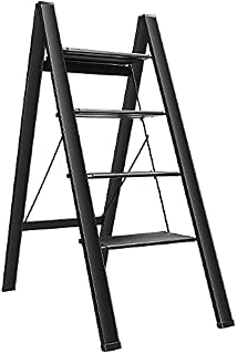 EXQUI 4 Step Ladder, Folding Stepladders with Anti-Slip Wide Pedal, 330lbs Capacity Aluminum Step Stool for Household, Kitchen, Library, Black