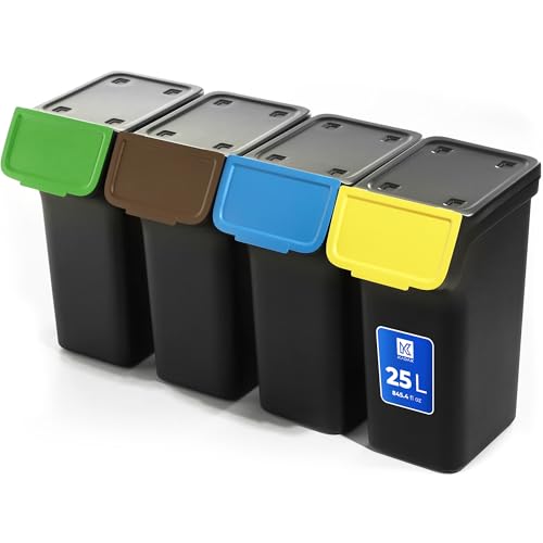 KADAX Abfallbehälter mit Deckel, Abfalleimer aus Plastik, Mülleimer für die Mülltrennung, Rechteckiger Abfallsammler mit Klappdeckel (Schwarz 4x25 L)