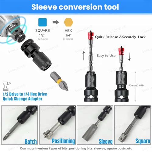 Image of Sunkizzrs 2-Set Rapid Release Converter-1 /2 inch Square Drive to 1 /4 inch Hex Female Socket Adapter-Quick Release Impact Bit Holder-Drill Chucks Adaptor Conversion for Impact Wrench included Ring & Rod
