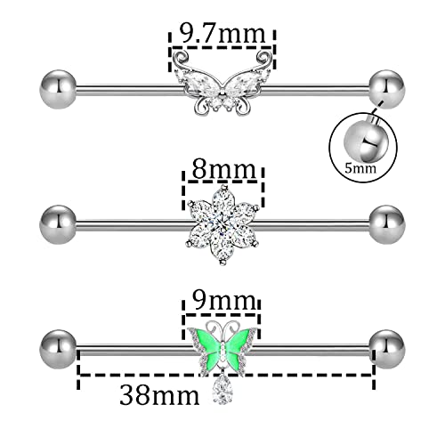 Verami 14G 316L Butterfly Industrial Barbell Cartilage Earring Surgical Steel Cz Flower Industrial Barbell Cartilage Earring Body Piercing Jewelry For Women #TOP1