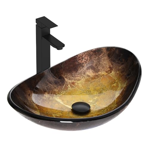 Bathroom Boat Shape Artistic Glass Vessel Sink Free Oil Rubbed Bronze Faucet and Pop-up Drain Set,...