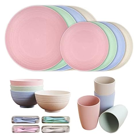 PIXESTT 32 Pieces Picnic Set, Camping Plates and Cutlery Set Contains 32 Tableware, 4 Colors of Plastic Camping Plates, Suitable for Family Dinner, Picnic and Camping Cover