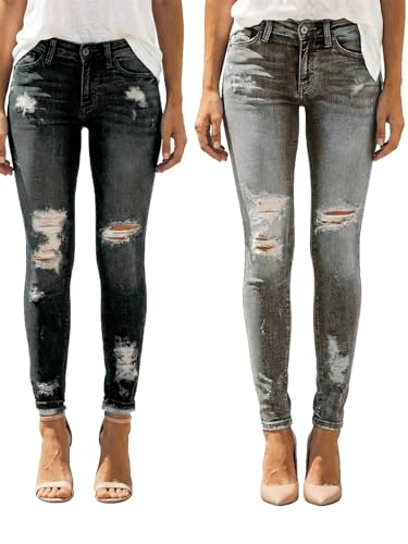 PerZeal Womens Mid Rise Ripped Skinny Jeans Stretchy Destroyed Denim Pants 2 Piece Distressed Knee Thigh Holes Frayed Ankle Grey&Black Large