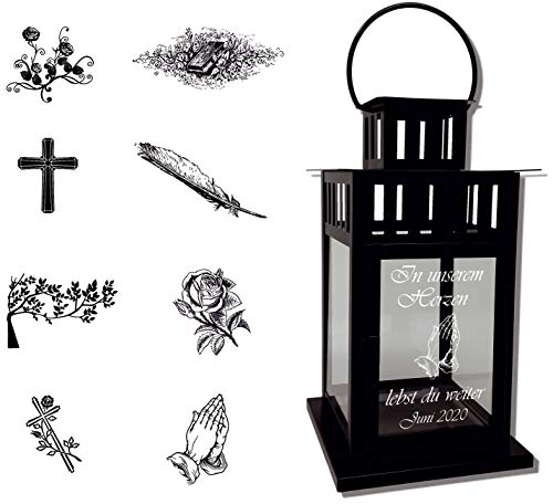 UDIG Laternen Metall Metalllaterne Grablaterne Grablicht mit Gravur Verschiedene Motive 28x15,5x15,5 cm (Schwarz weiße Gravur)