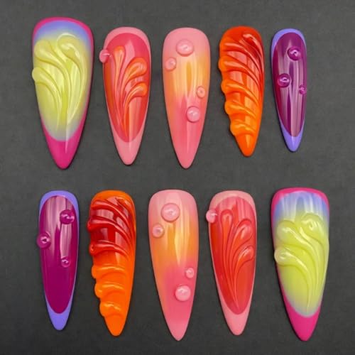 24PCS Neon Sunset Pink Press On Nails - Bold Color-Block Aesthetic High-Impact Editorial Nail - Almond Shape Iridescent Pop Color for Women Party & Special Occasions