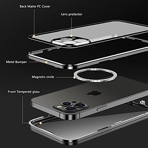 Jonwelsy Case for iPhone 11 Pro Max, 360 Degree Double-sided Protection Compatible with Magsafe Magnetic Adsorption Metal Bumper Front Tempered Glass Back Frosted PC Cover for 11 Pro Max 6.5" (Blue)