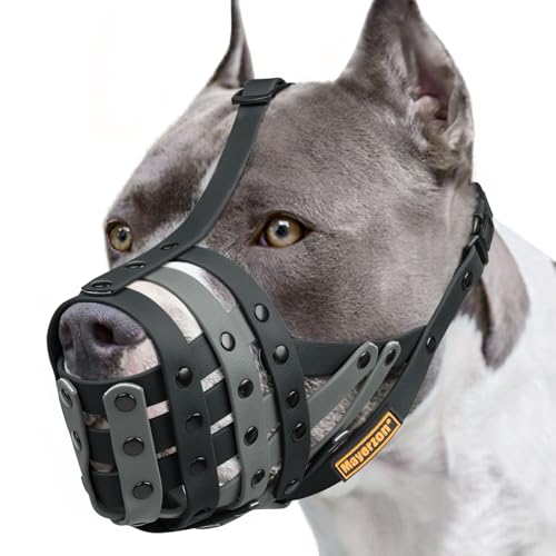 Image of Mayerzon Pitbull Dog Muzzle for Large Medium Dogs Prevent Biting Scavenging | Fits Rottweiler Amstaff Broad-nosed Breed, Sturdy Breathable Basket, Training Walking Use, Allows to Drink | Black Grey, M