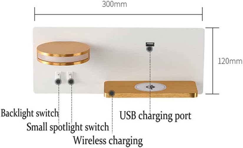 DRRHY Wooden Bedside Lamp 2 Switches, USB Port and Wireless Charger Included, Indoor Wall Warm White 3000K with 5W Adjustable Reading Light