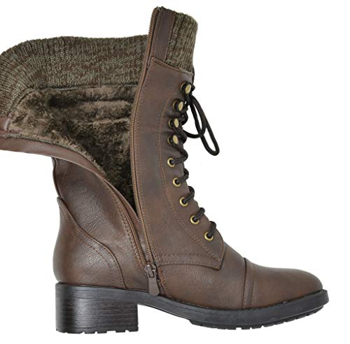 DREAM PAIRS DREAM PAIRS Women's Winter Lace up Mid Calf Combat Riding Military Boots,Size 5,Brown