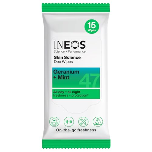 INEOS Skin Science Deo Wipes - 15 wipes - All Day + All Night Freshness + Protection - Geranium + Mint - On-the-go Freshness - With SkinActiv Cooling Tech - Plant Powered