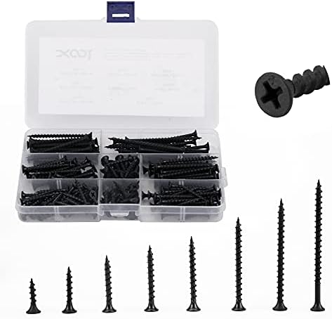 XOOL 200PCS Drywall Screws #7 Coarse Thread Sharp Point Self Tapping Screws Assortment Kit Black, Carbon Steel Wood Screws for Drywall Sheetrock, Wood, Furniture Cabinet