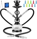 Shisha Wasserpfeife Set, 12 Zoll, Schwarz, mit 2 Schläuchen, Kristallglas-Vase, 50 Folien, 20 Mundstücken und Zange
