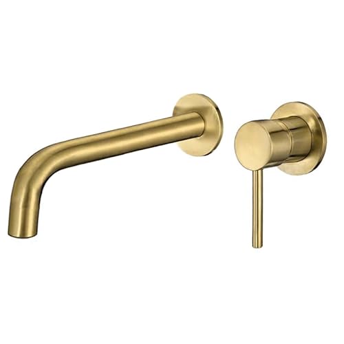 VALAZ Grifo Lavabo Oro Mate Empotrado | Grifo Lavabo Monomando, Mezclador Agua Fría y Caliente, Ahorro de Agua | Instalación Fácil y Rápida | Latón, Inoxidable, Caño 21 cm, Redondo, Serie Deva