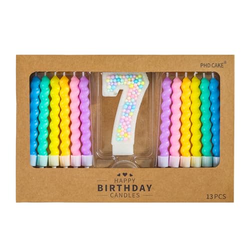 PHD CAKE Number 7 Birthday Candle Macaron Glitter Number Candle with Rainbow Spiral Candles in Holders for Cake Topper Pastel Sweet Theme Party Decoration