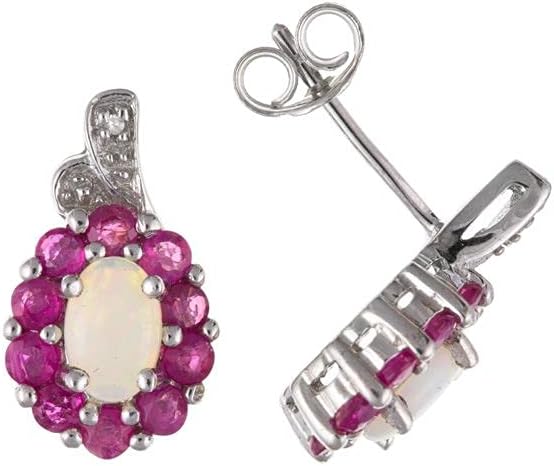 Real Opal Ruby & Diamond Stud Earrings Sterling Silver