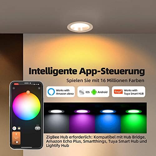 GIDERWEL ZigBee Smart RGBWW LED Recessed Spotlight Compatible Hub Bridge Echo Plus, App/Alexa Voice Control Dimmable (3000K-6000K) RGBCCT 7W+ 7W Downlight Retrofit Ceiling Ambient Lighting (LM070)