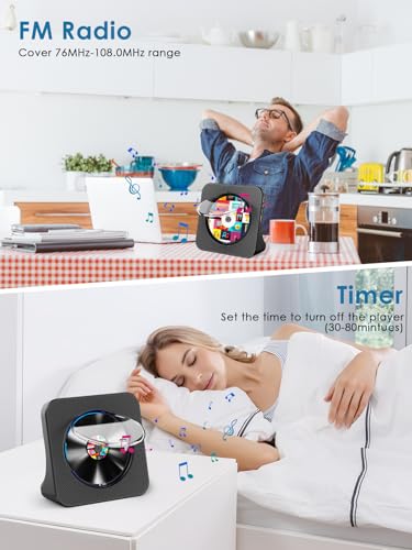 Gueray CD Players Bluetooth CD-Player mit Lautsprecher Unterstützt Fernbedienung Anzeige FM Radio mit CD Player USB- Kartenwiedergabe 3,5 mm AUX Wecker Kopfhöreranschluss Staubschutzhülle Schwarz