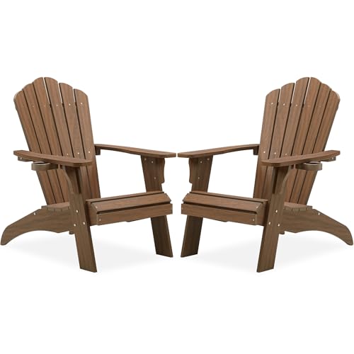 Image of Psilvam Adirondack Chairs Set of 2 with Cup Holder, Light Brown