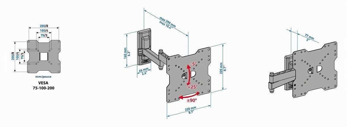 Meliconi CME EDR200 - Support mural avec double bras inclinable, pour TV à écran plat de 26" à 40". VESA 75-100-200. Couleur Noir.
