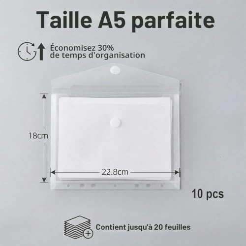 Pochette Plastique A5 Transparente, Lot de 10 Porte-Documents Classeur avec Bouton Imperméable pour Voyage Famille Bureau (23x18cm, 7 Perforée) – vue 4