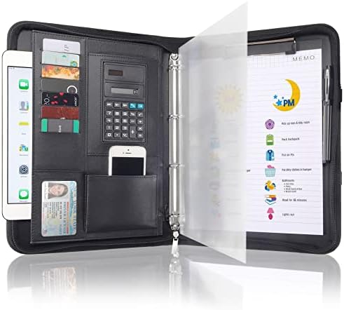 Portfolio Binders for Men and Women - Leather Padfolio Business Planner Notebook Organizer with Zipper and Calculator- Holder for Tablet, Documents, Cards, Notebook, Notepad