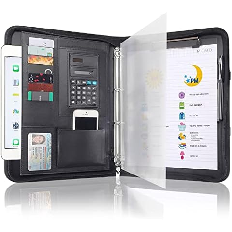 Zipped Portfolio Binders for Men and Women - Leather Padfolio Business Planner Notebook Organizer with Zipper and Calculator- Holder for Tablet, Documents, Cards, Notebook, Notepad Cover