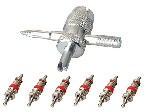 Dr.Roc 4-Way Valve Tool with 6 Brass Valve Cores Fit for All Vehicle AMD Air Conditioning Units