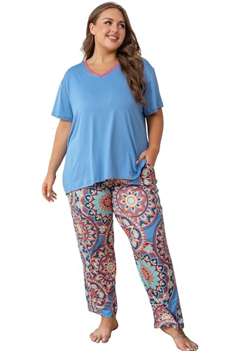 Image of Vozanet Women's Pajama Sets Short Sleeve with Long Pant Soft Sleepwear Printed pj Loungewear With TWO Pockets Size 1X to 5X