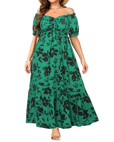 Image of Plus Size Sun Dresses Women - Summer Off the Shoulder Puff Sleeve A Line Boho Maxi Flow Long Dress 2025